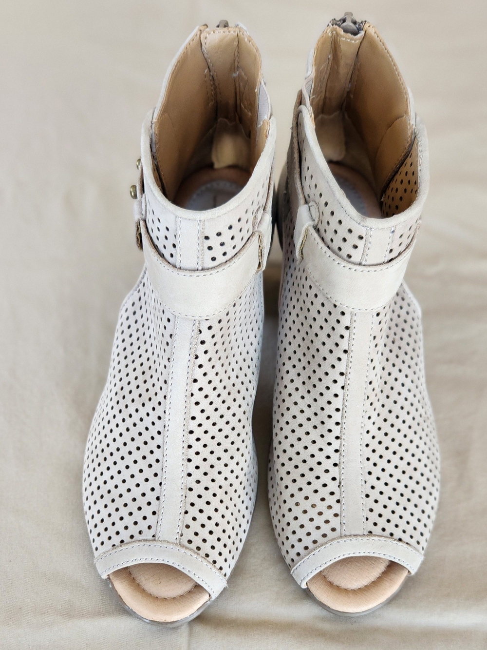 Earth Perforated Open-Toe Ankle Boots in Light Beige